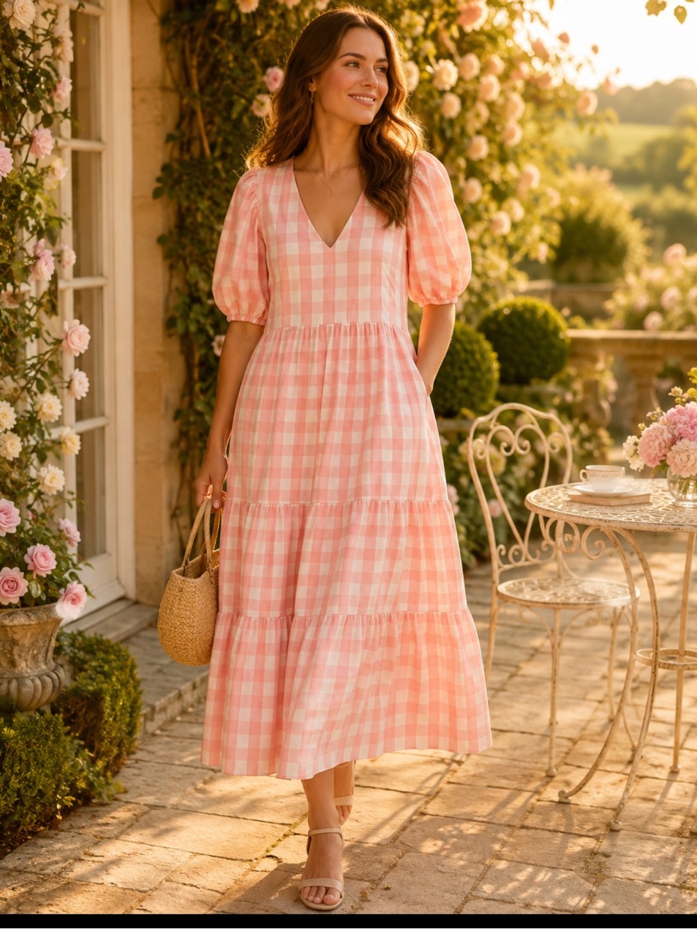 English Factory 2X Pink Gingham Puff Sleeve Tiered Maxi Dress NWT - Picture 2 of 12